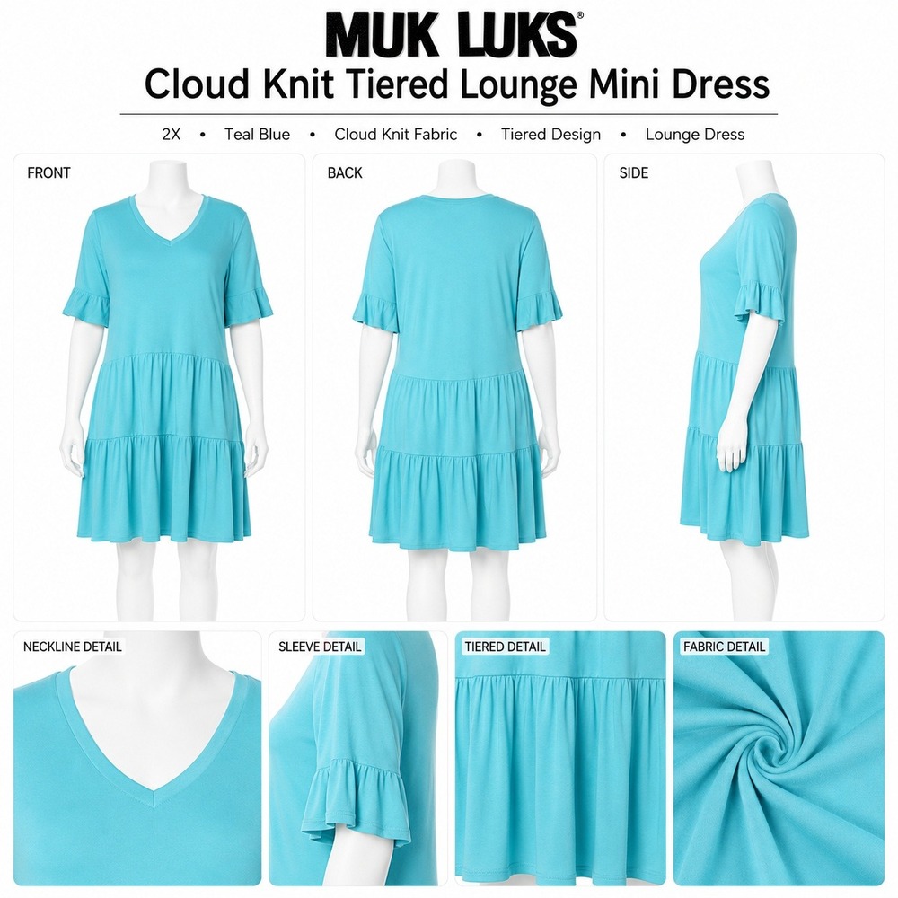 MUK LUKS Womens 2X Cloud Knit Tiered Lounge Mini Dress Teal Blue A645291